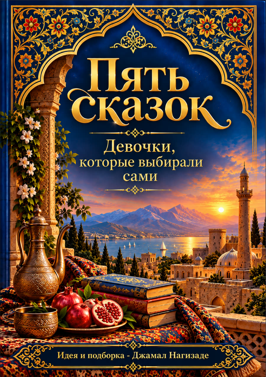 The book cover: the Russian title “Five Tales” in gold above the subtitle “Girls who chose for themselves”, over a painted city by the sea at sunset, with pomegranates, books and a carpet in the foreground.
