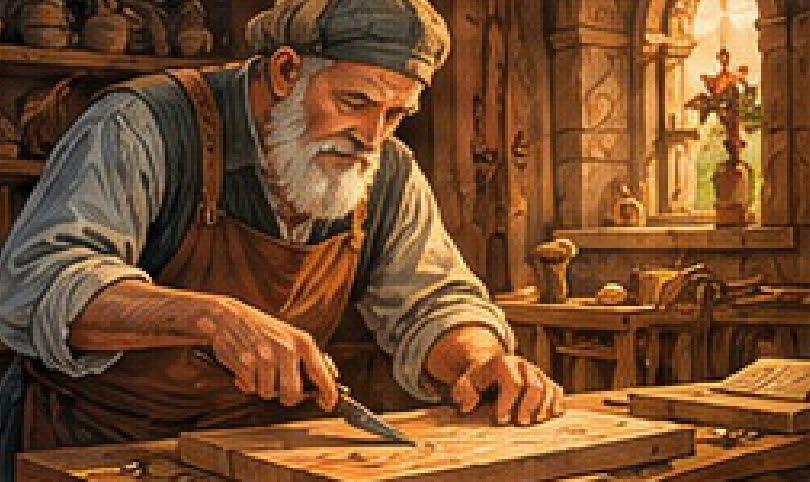 Illustration from the book: an old carpenter with a white beard carving a plank in his workshop.