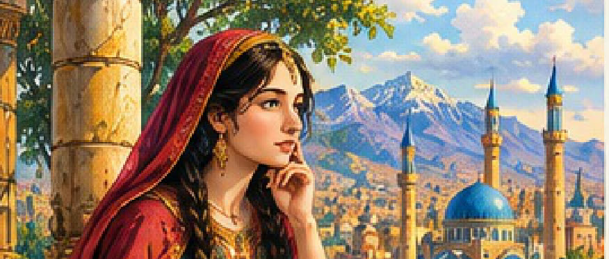 Illustration from the book: a young woman in a red headscarf, chin in hand, with mountains and domes behind her.