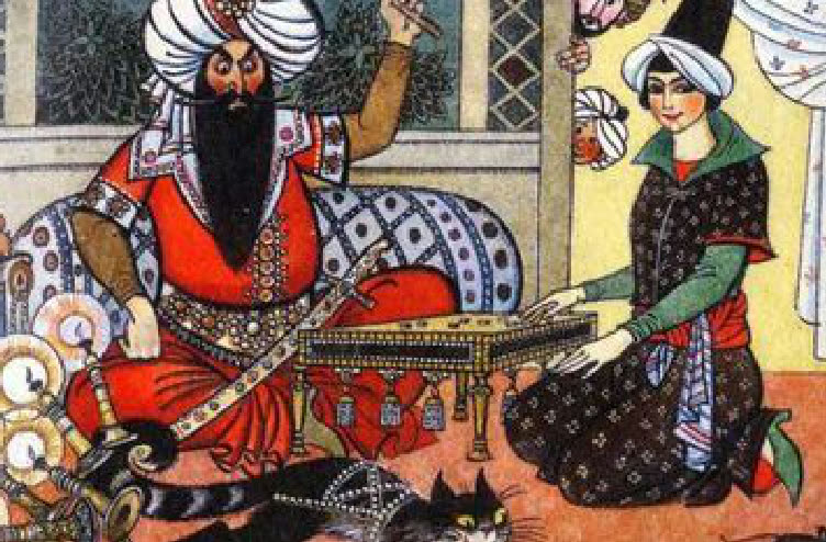 Illustration from the book in the style of a Persian miniature: a bearded official in a turban seated on cushions and a young woman kneeling before him.