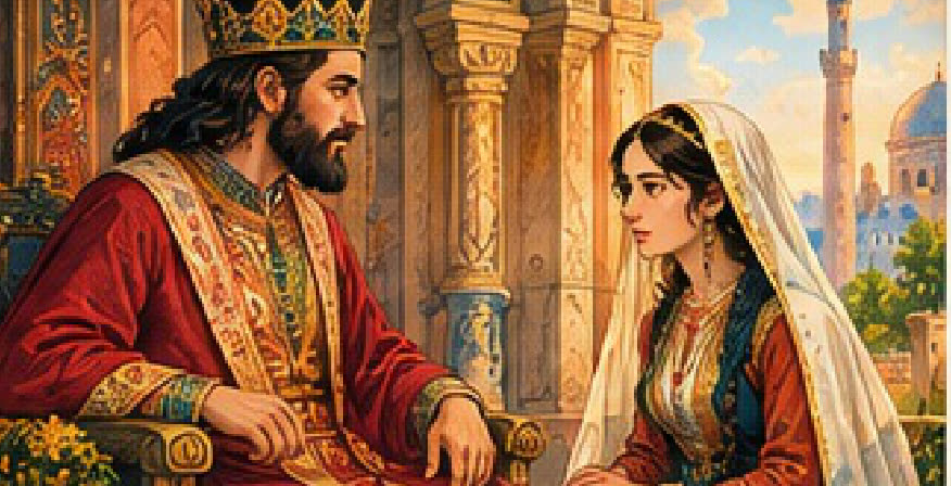 Illustration from the book: a crowned tsar on his throne facing a young woman in a white headscarf.