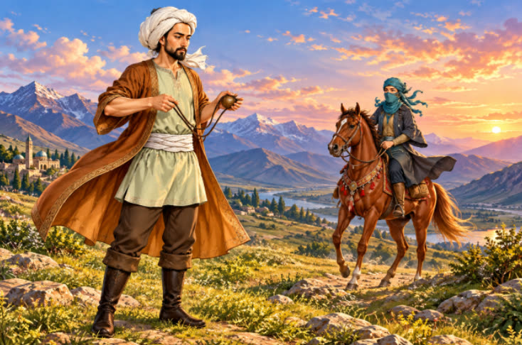 Illustration from the book: a young man in a long coat in a mountain valley at sunset, and a rider with a covered face on a brown horse.